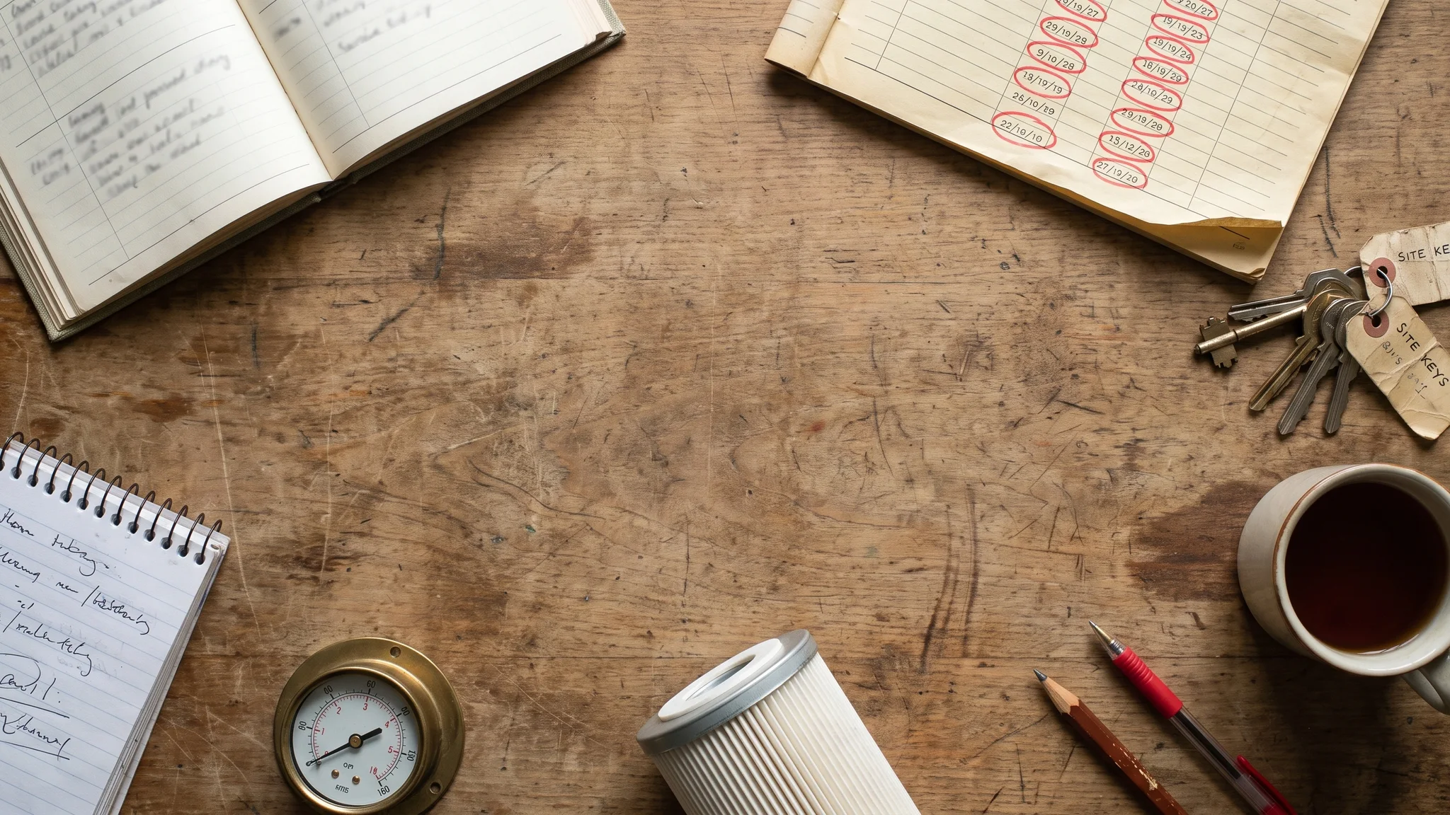 A hardback service diary open on a wooden table, beside a service record sheet with dates circled in red, a ring of tagged site keys, a job pad, a spare filter and a pencil.
